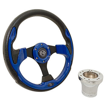 BuggiesUnlimited.com; 1994.5-Up EZGO - GTW Blue Rally Steering Wheel with Chrome Adaptor Kit