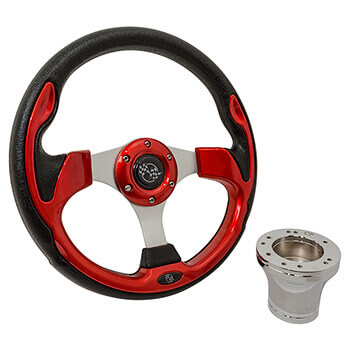 BuggiesUnlimited.com; 1982-Up Club Car DS - GTW Red Rally Steering Wheel with Chrome Adaptor