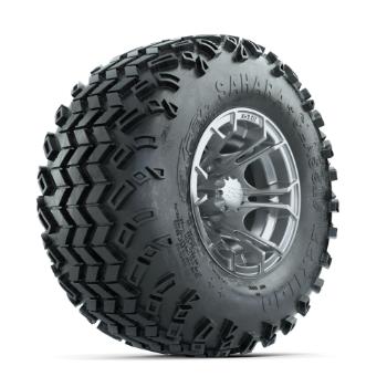 BuggiesUnlimited.com; GTW Spyder Silver Brush 10 in Wheels with 22x11-10 Sahara Classic All Terrain Tires – Set of 4