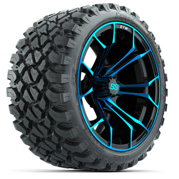 BuggiesUnlimited.com; GTW Spyder Black/ Blue 15 in Wheels with 23 in Nomad All Terrain Tires - Set of 4