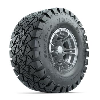 BuggiesUnlimited.com; GTW Spyder Silver Brush 10 in Wheels with 22x10-10 Timberwolf All Terrain Tires – Set of 4