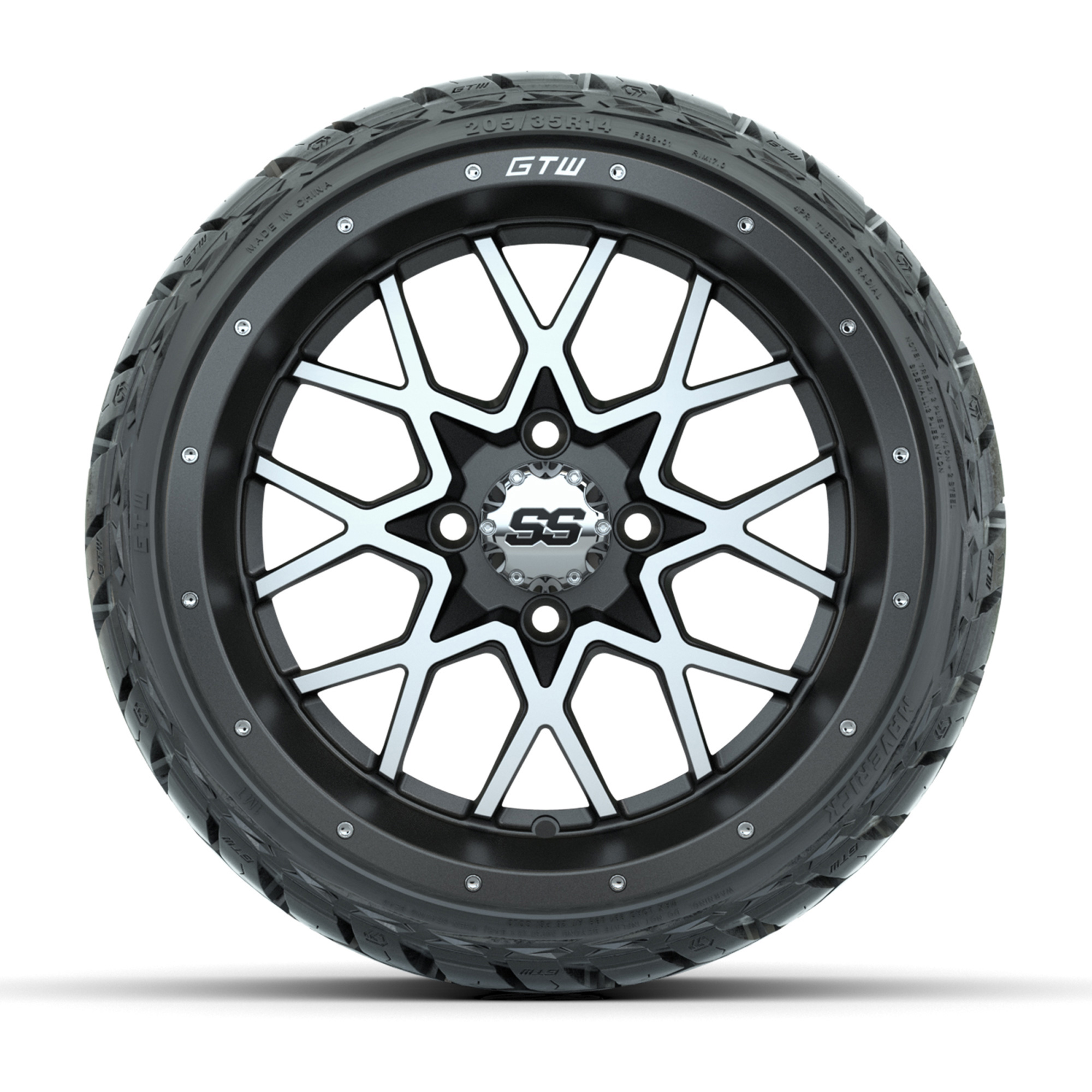 GTW® Vortex Matte Gray/Machined 14 in Wheels with 205/35-R14 Maverick A ...